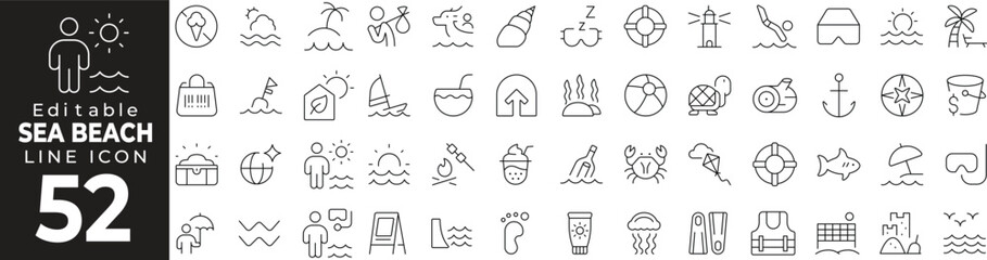 Sea Beach & Ocean Icon Set: A Line Icon Collection Featuring Waves, Sand, Sun, Ocean Life, Beach Activities, and More