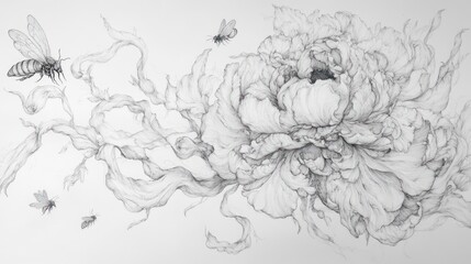 Detailed monochrome drawing of a peony flower with flowing tendrils and bees