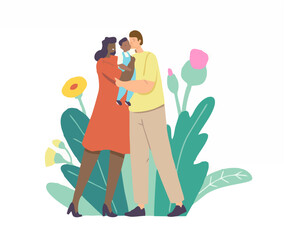 Multiracial Loving Parents Kiss Baby. Mother and Father Caucasian and African Ethnicity Family Holding