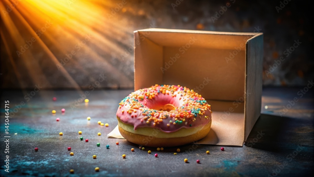 Poster A Single Pink Glazed Donut With Colorful Sprinkles Sitting Beside An Empty Box On A Dark Background With A Beam Of Light Coming From Above