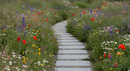 Pathway Through A Vibrant Wildflower Meadow In A Peaceful Garden