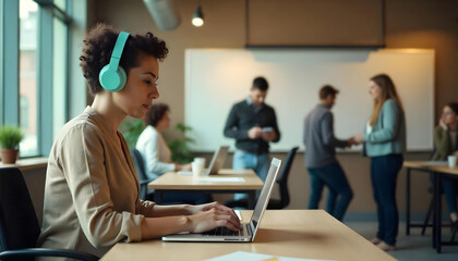 Neurodivergent black woman wearing noise canceling headphone at office working space. Autism spectrum distress, headache, overwhelmed sensory input, sensory overload, hypersensitivity.