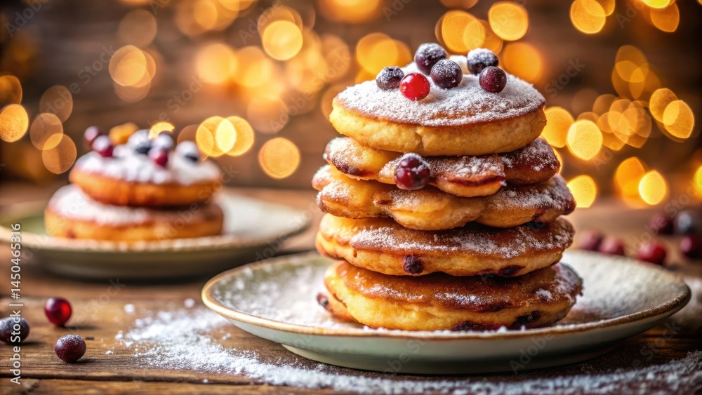 Aufkleber A Stack of Powdered Pancakes Decorated with Fresh Berries on a Rustic Wooden Surface with Festive Bokeh Lights in the Background