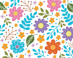 A colorful pattern of various flowers and leaves on a white background. The flowers include pink, purple, blue, and orange blooms, surrounded by green leaves and small decorative dots in varying color