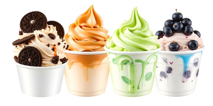 Froyo Delight: A tantalizing array of four froyo cups, each boasting a distinct flavor and topping, beckoning with a symphony of sweet and refreshing tastes.