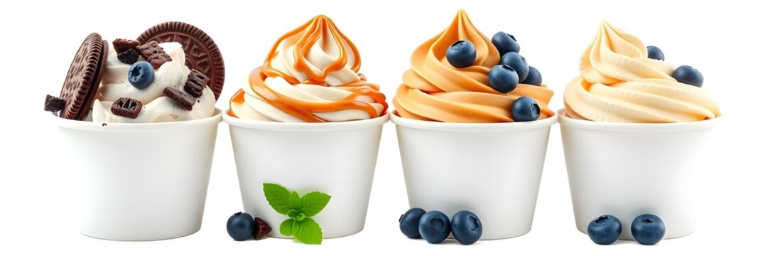 Delightful Frozen Treats: A vibrant array of frozen yogurt variations, each meticulously adorned with different toppings, enticing with flavors and textures. A refreshing dessert