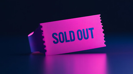 A vibrant, pink ticket stub with the words "SOLD OUT" in bold blue lettering, bathed in a neon glow against a dark backdrop, signaling high demand.