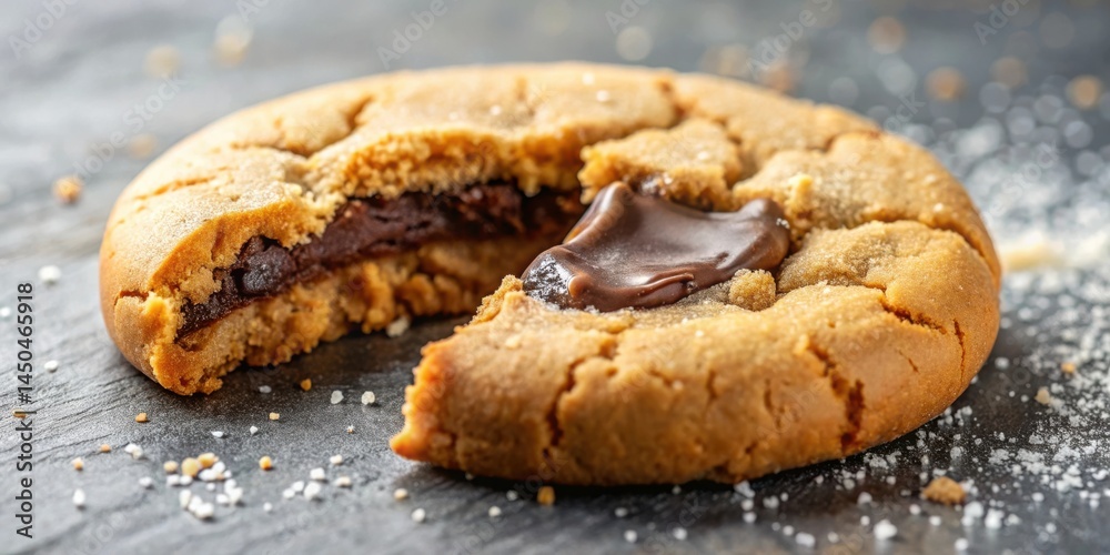 Poster a close-up of a soft and chewy chocolate chip cookie with a rich chocolate filling, showing the deli