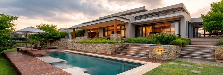 Modern home with pool and landscaping at sunset, ideal for real estate or design inspiration