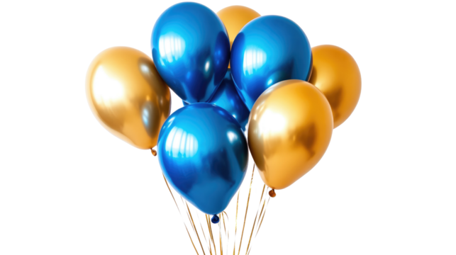golden yellow and blue party balloons secluded on a transparent surface, cut out