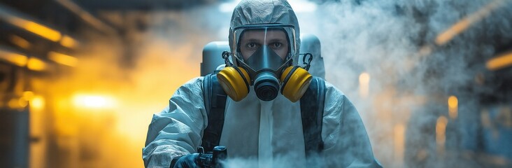 Pest control expert in protective suit spraying chemical mist in industrial basement