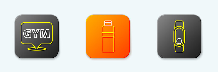 Set line Location gym, Fitness shaker and Smartwatch icon. Vector