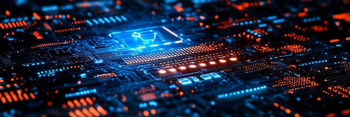 Fototapeta premium Digital Circuitry's Core: Intricate digital circuit board design is shown. This digital architecture and computer hardware design reveals the core of advanced technology.