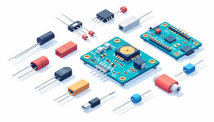 Fototapeta premium A collection of electronic components and circuit boards arranged on a white surface.