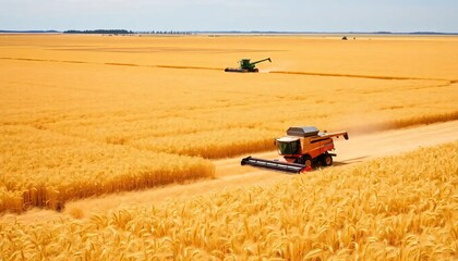 Obraz premium Golden Wheat Fields with Combine Harvesters Under Clear Blue Sky