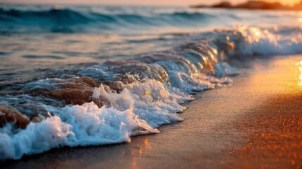 Obraz premium Golden sunset waves crashing on the beach. Close-up view of the foamy shoreline. Possible use Stock photo for travel, vacation, or nature websites