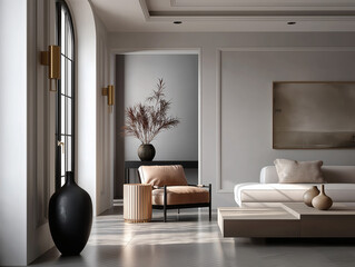 Aesthetic beautiful elegant  modern luxury interior design. Clear mock up empty wall for decoration in the apartment, painting frame. Copy space in the room.