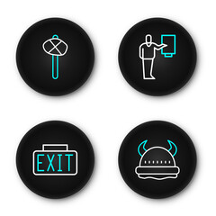 Set line Viking in horned helmet, Exit sign, Museum guide and Stone age hammer icon. Vector