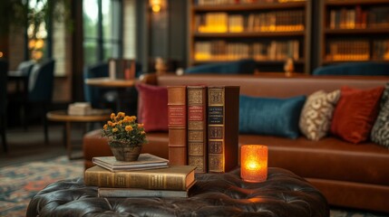 Antique Books Resting On Leather Ottoman Near Cozy Sofa