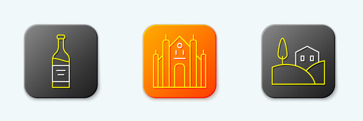 Set line Bottle of wine, Milan Cathedral and Village landscape icon. Vector