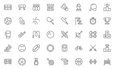 Sport outline Icons set. Sport icons Pixel perfect. Contain baseball, basketball, soccer, and other sports,  Vector illustration