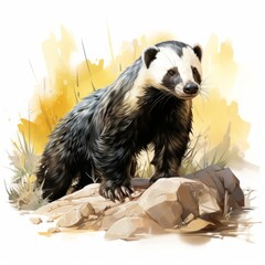 Wildlife Action Honey Badger on Rocks Nature Scene Outdoor Close-Up Animal Behavior , Watercolor clipart, Isolated on a white background