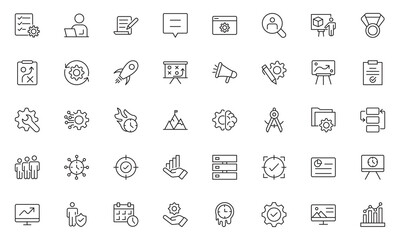 Line icons about project management. Contains such icons as workflow, task, to do list, timeline and deadline. Editable stroke