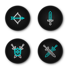 Set line Crossed medieval sword, Medieval shield with swords, and bow and arrow icon. Vector