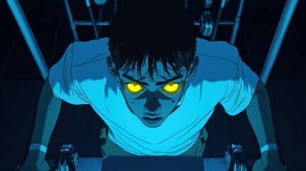 Intense youth figure, glowing eyes