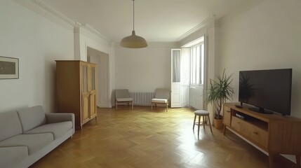 Empty living room with wooden floors and light furniture.