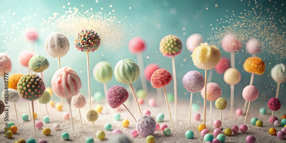 Poster a whimsical arrangement of cake pops with colorful sprinkles, arranged in a whimsical forest-like sc
