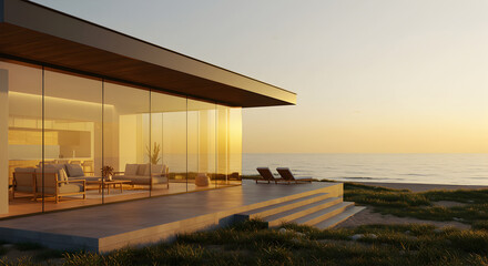 Obraz premium Modern Beachfront Home With Panoramic Ocean View at Sunset
