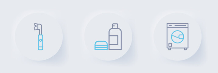 Set line Washer, Bottle of shampoo and Electric toothbrush icon. Vector