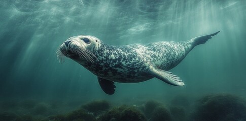 Fototapeta premium Graceful Seal Swimming Underwater Ocean Depths Animal Photography Marine Close-up Wildlife Conservation