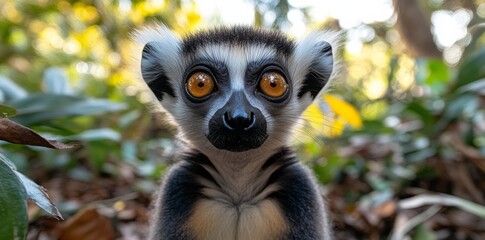 Lemur Observing in the Wild Madagascar Animal Portrait Tropical Forest Close-Up Wildlife Conservation