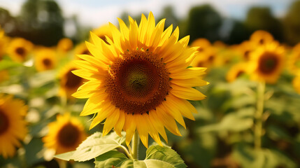 Obraz premium A vibrant sunflower field with a single large sunflower in the foreground, surrounded by numerous smaller sunflowers in the background.
