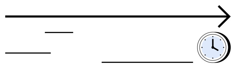 Bold arrow pointing forward with a clock at the end, suggesting concepts of time, progress, deadlines, and productivity. Ideal for business, planning, future strategy growth efficiency. Flat