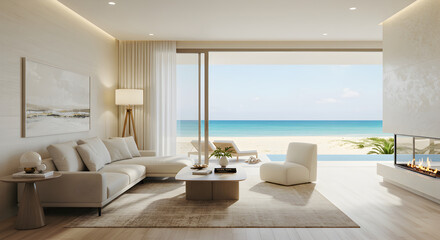 Coastal Retreat Modern Living Room Interior with Ocean Views And Fireplace