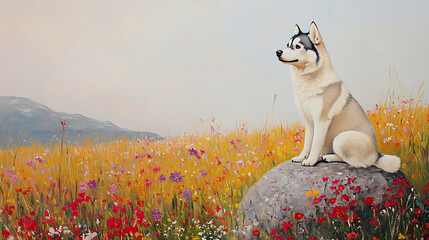 Siberian husky dog sitting on rock in wildflower field, scenic landscape, acrylic painting, nature pet art, Animal print