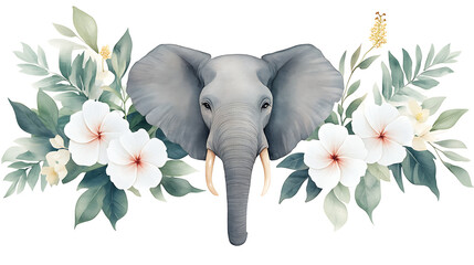 Watercolor elephant, white hibiscus flowers and green tropical leaves. Safari animal art with botanical jungle elements
