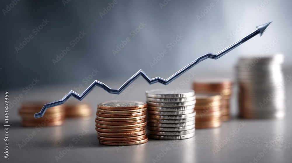 Poster Financial data highlights a notable increase in coin values, represented by a sharp upward trend in the chart. The visual showcases various coins stacked next to the graph
