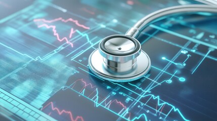 Stethoscope resting on digital diagnostic display with glowing lines for medical technology
