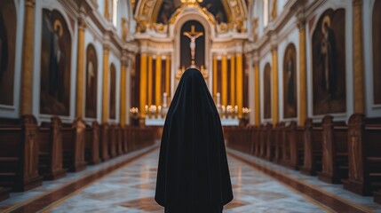 Naklejka premium Nun in a Cathedral: A Moment of Faith and Reflection