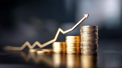 A finance chart shows a prominent upward trend represented by an arrow. Stacked gold coins signify wealth and market progression