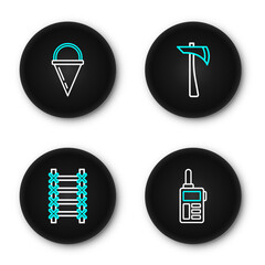 Set line Walkie talkie, Fire escape, Firefighter axe and cone bucket icon. Vector