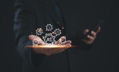 businessman use virtual display AI analytics and performance metrics. This advanced technology enables comprehensive data analysis, driving strategic decisions and innovation in modern business.