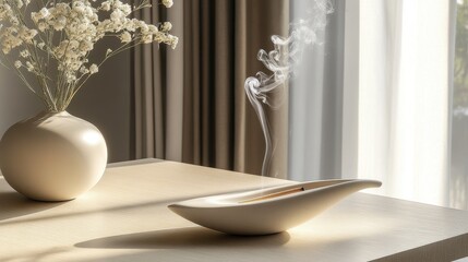 Minimalistic Room Scene with Incense Smoke and Decorative Vase