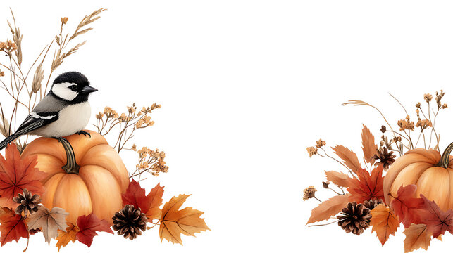 watercolor fall pumpkins with autumn leaves and chickadee bird seasonal thanksgiving harvest botanical white background