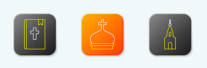 Set line Holy bible book, Church tower and building icon. Vector