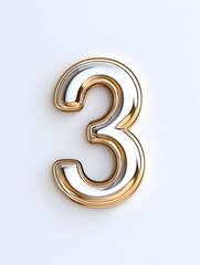 Naklejka premium A metallic silver number three with a gold outline, rendered against a white background